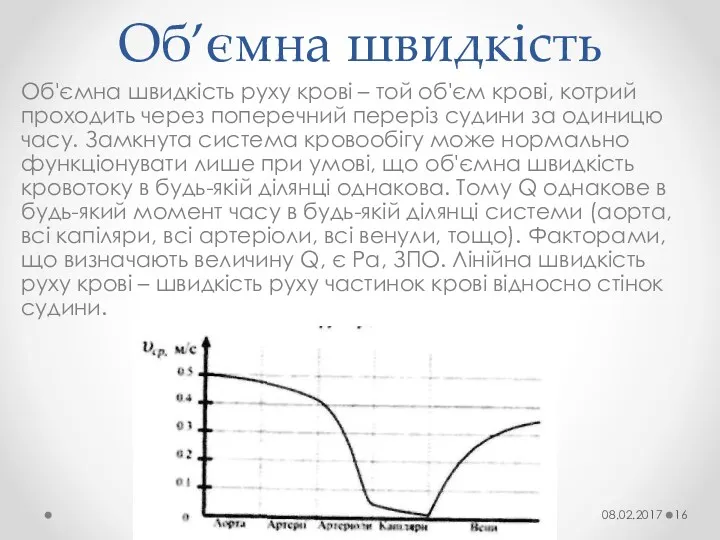 Об’ємна швидкість Об'ємна швидкість руху крові – той об'єм крові,