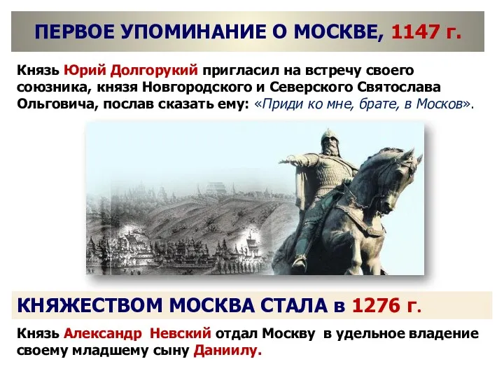ПЕРВОЕ УПОМИНАНИЕ О МОСКВЕ, 1147 г. Князь Юрий Долгорукий пригласил