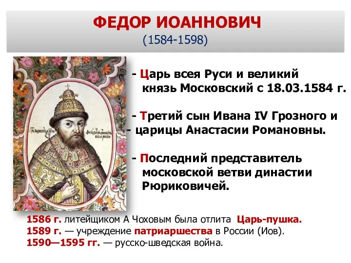 ФЕДОР ИОАННОВИЧ (1584-1598) - Царь всея Руси и великий князь