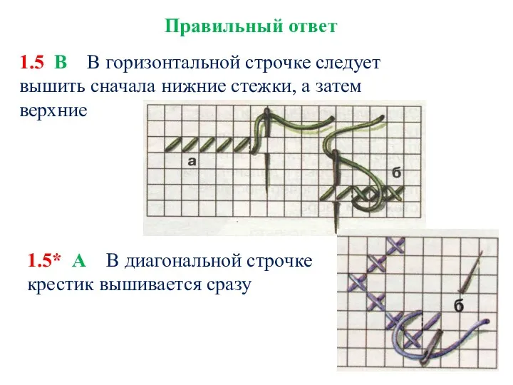 Правильный ответ 1.5 В В горизонтальной строчке следует вышить сначала