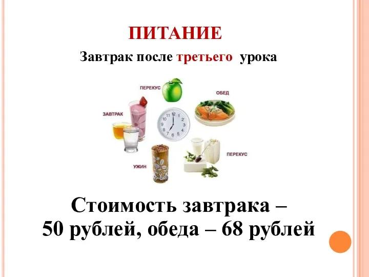ПИТАНИЕ Завтрак после третьего урока Стоимость завтрака – 50 рублей, обеда – 68 рублей