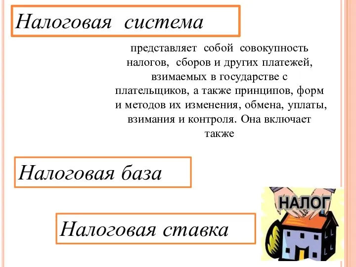 Налоговая система Налоговая база Налоговая ставка представляет собой совокупность налогов,