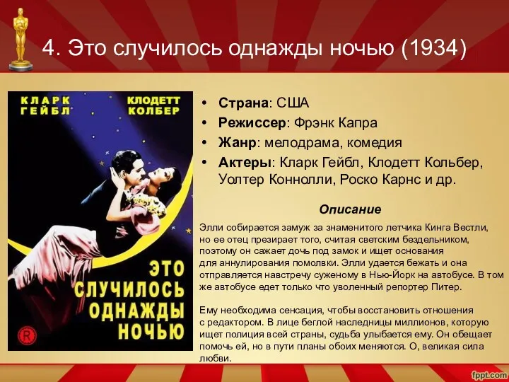 4. Это случилось однажды ночью (1934) Страна: США Режиссер: Фрэнк