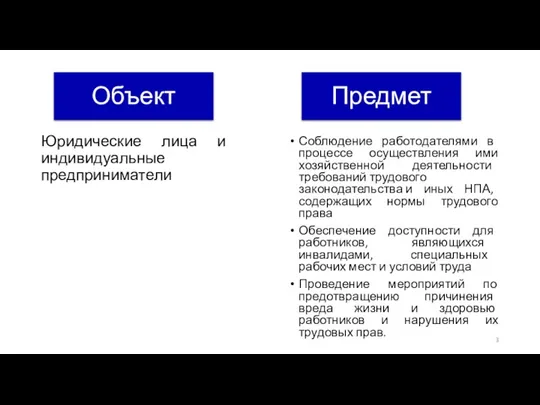 Юридические лица и индивидуальные предприниматели Объект Предмет Соблюдение работодателями в