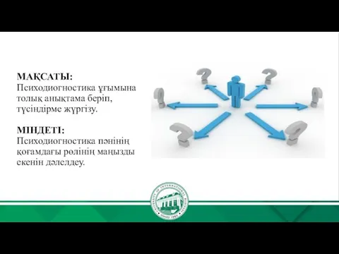 МАҚСАТЫ: Психодиогностика ұғымына толық анықтама беріп, түсіндірме жүргізу. МІНДЕТІ: Психодиогностика пәнінің қоғамдағы рөлінің маңызды екенін дәлелдеу.