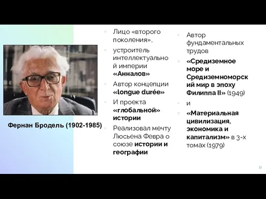 Лицо «второго поколения», устроитель интеллектуальной империи «Анналов» Автор концепции «longue