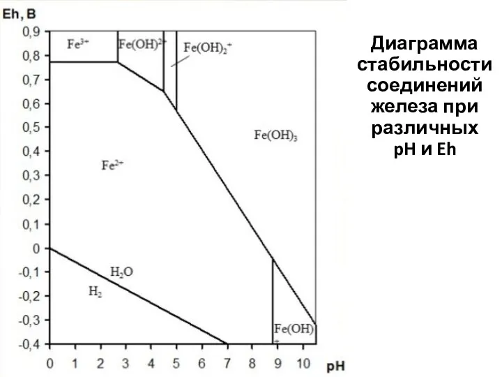 Диаграмма стабильности соединений железа при различных pH и Eh