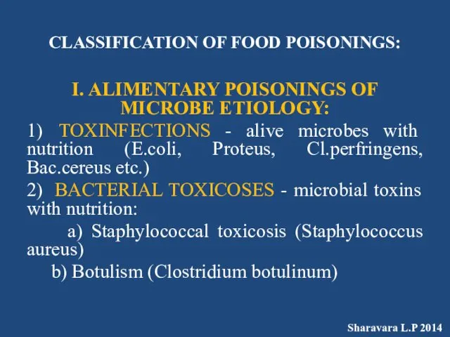 CLASSIFICATION OF FOOD POISONINGS: I. ALIMENTARY POISONINGS OF MICROBE ETIOLOGY:
