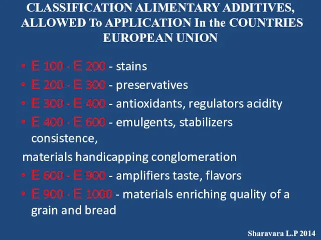CLASSIFICATION ALIMENTARY ADDITIVES, ALLOWED To APPLICATION In the COUNTRIES EUROPEAN