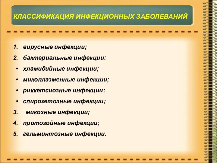 вирусные инфекции; бактериальные инфекции: хламидийные инфекции; микоплазменные инфекции; риккетсиозные инфекции;