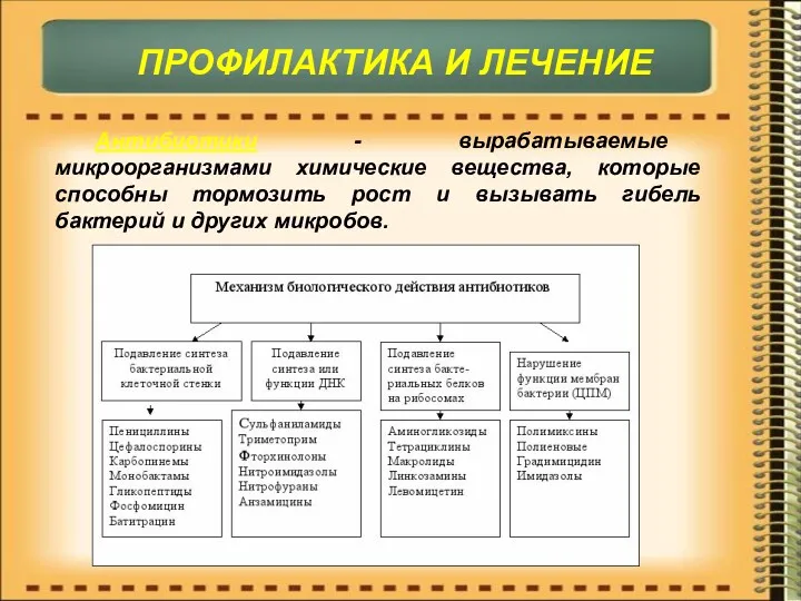 ПРОФИЛАКТИКА И ЛЕЧЕНИЕ Антибиотики - вырабатываемые микроорганизмами химические вещества, которые