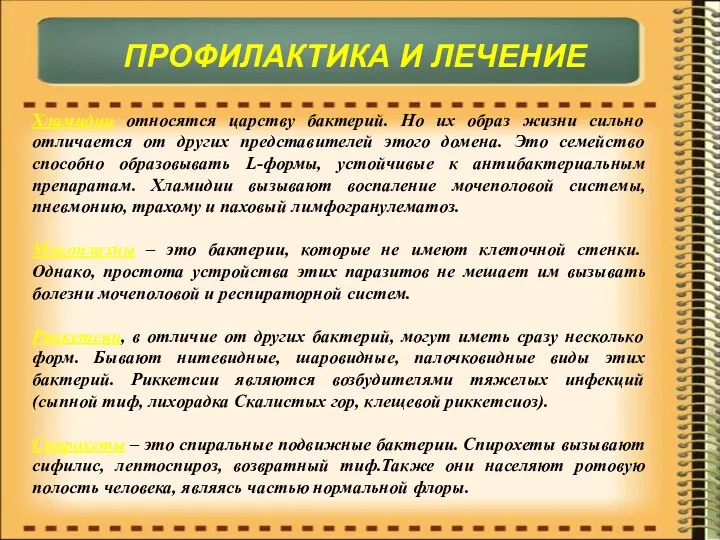 ПРОФИЛАКТИКА И ЛЕЧЕНИЕ Хламидии относятся царству бактерий. Но их образ