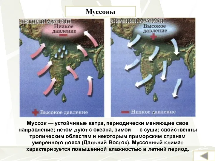 Муссоны Муссон — устойчивые ветра, периодически меняющие свое направление; летом