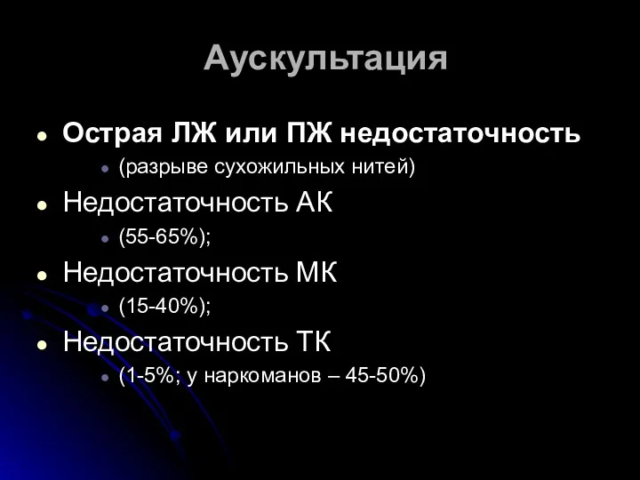 Аускультация Острая ЛЖ или ПЖ недостаточность (разрыве сухожильных нитей) Недостаточность