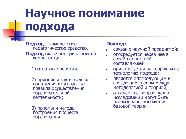 Научное понимание подхода Подход – комплексное педагогическое средство. Подход включает