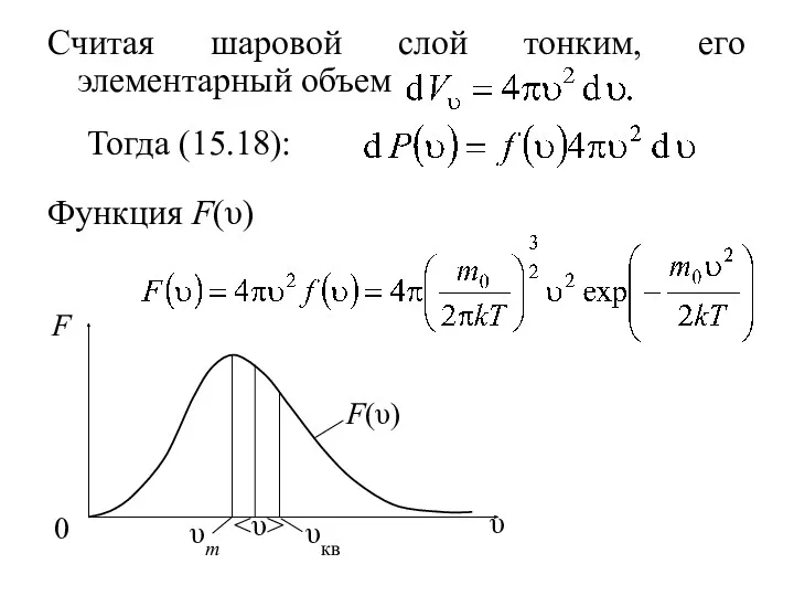 Считая шаровой слой тонким, его элементарный объем Тогда (15.18): Функция F(υ)