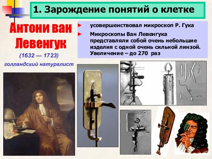 1. Зарождение понятий о клетке Антони ван Левенгук (1632 —