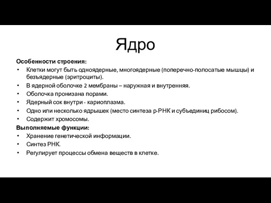 Ядро Особенности строения: Клетки могут быть одноядерные, многоядерные (поперечно-полосатые мышцы)