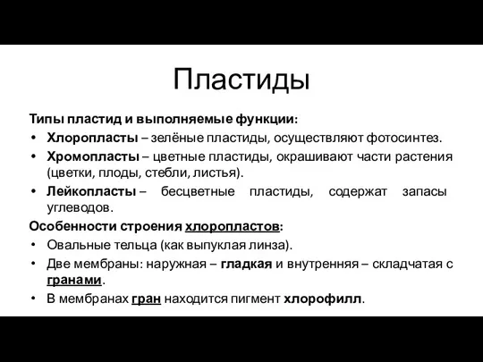 Пластиды Типы пластид и выполняемые функции: Хлоропласты – зелёные пластиды,