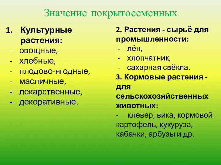 Значение покрытосеменных Культурные растения: овощные, хлебные, плодово-ягодные, масличные, лекарственные, декоративные. 2. Растения -