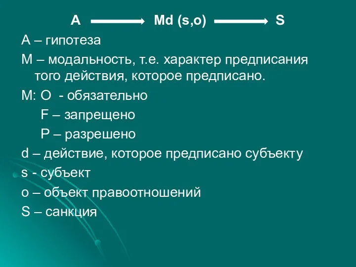 А Мd (s,o) S А – гипотеза М – модальность,