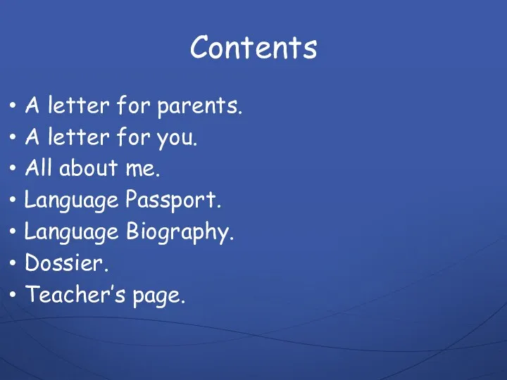 Contents A letter for parents. A letter for you. All