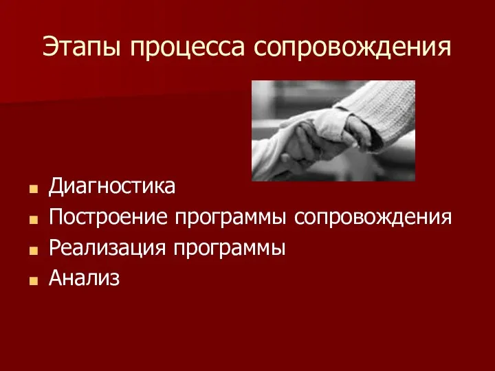 Этапы процесса сопровождения Диагностика Построение программы сопровождения Реализация программы Анализ