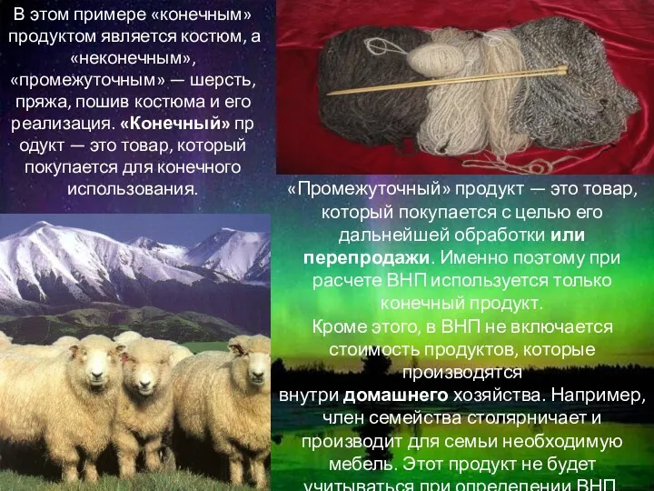 В этом примере «конечным» продуктом является костюм, а «неконечным», «промежуточным»