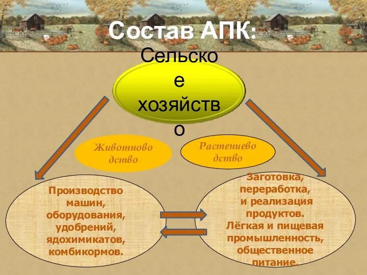 Состав АПК: Животноводство Растениеводство Производство машин, оборудования, удобрений, ядохимикатов, комбикормов.