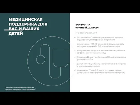 ЧТО ПОКРЫВАЕТ? Дистанционные/ очные консультации врача терапевта, педиатра или узкопрофильных