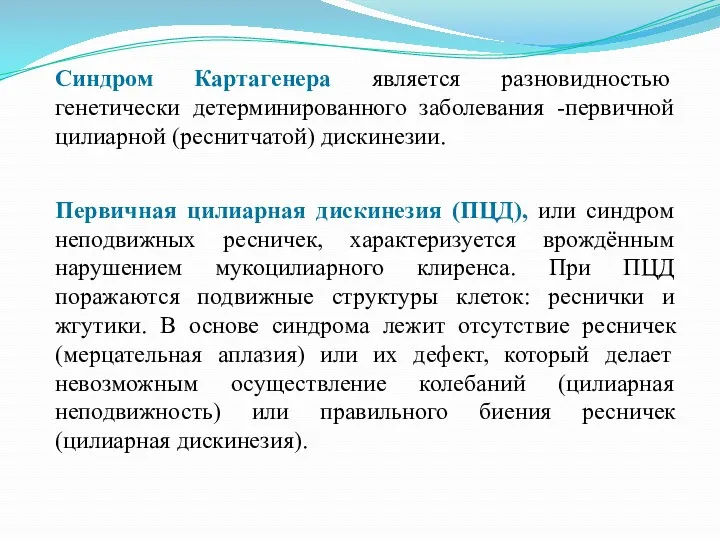 Синдром Картагенера является разновидностью генетически детерминированного заболевания -первичной цилиарной (реснитчатой)