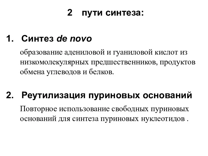 пути синтеза: 1. Синтез de novo образованиe адениловой и гуаниловой