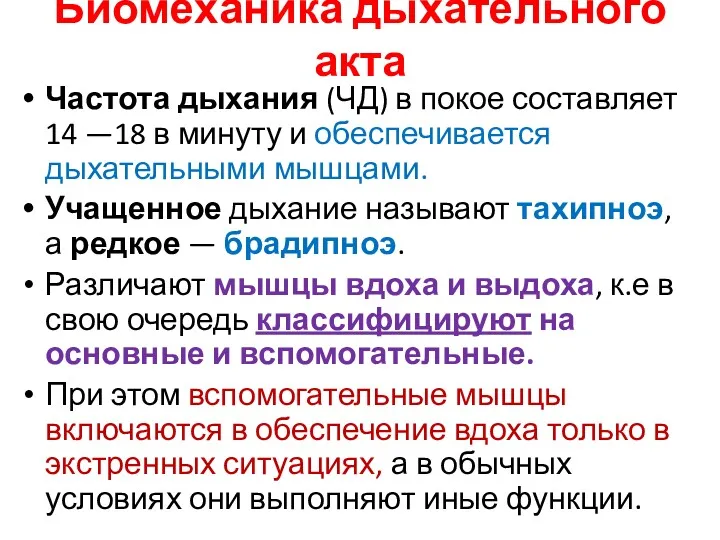 Биомеханика дыхательного акта Частота дыхания (ЧД) в покое составляет 14