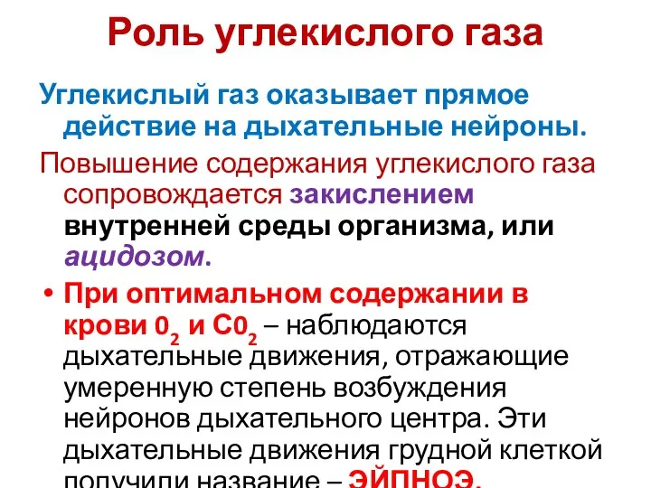 Роль углекислого газа Углекислый газ оказывает прямое действие на дыхательные