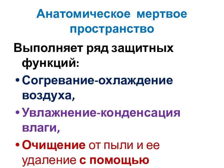 Анатомическое мертвое пространство Выполняет ряд защитных функций: Согревание-охлаждение воздуха, Увлажнение-конденсация