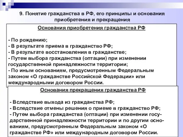 9. Понятие гражданства в РФ, его принципы и основания приобретения