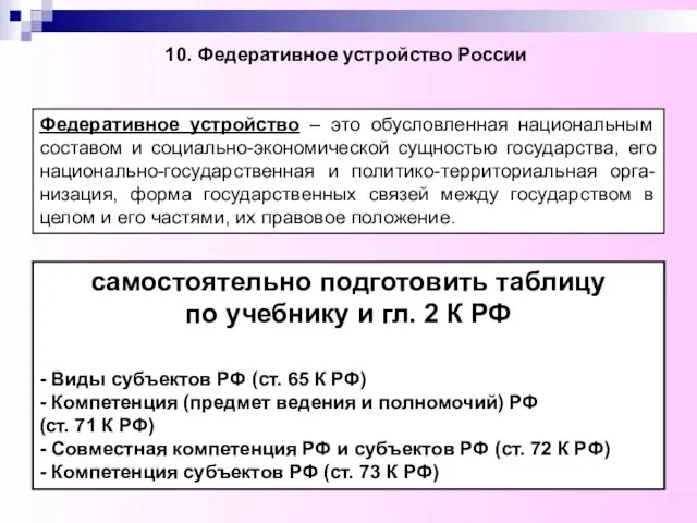 10. Федеративное устройство России самостоятельно подготовить таблицу по учебнику и