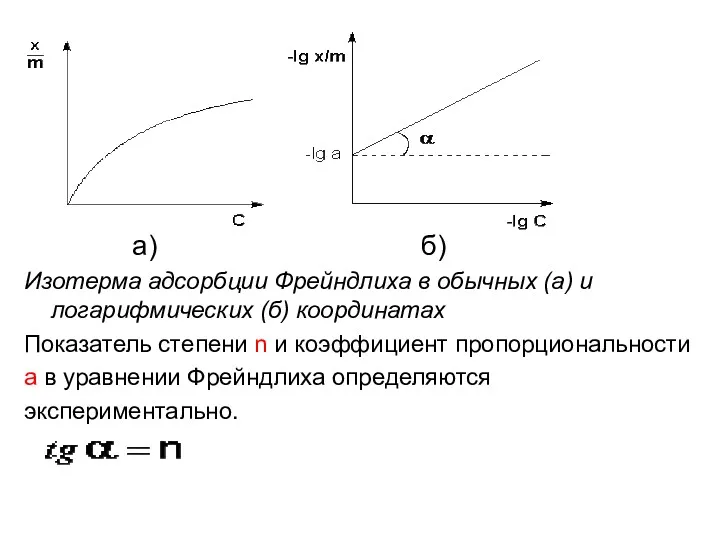 а) б) Изотерма адсорбции Фрейндлиха в обычных (а) и логарифмических