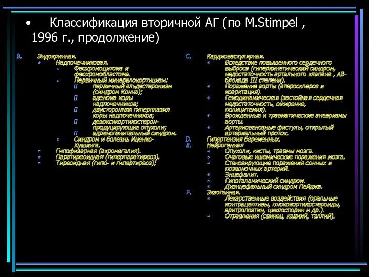 Классификация вторичной АГ (по M.Stimpel , 1996 г., продолжение) Эндокринная.