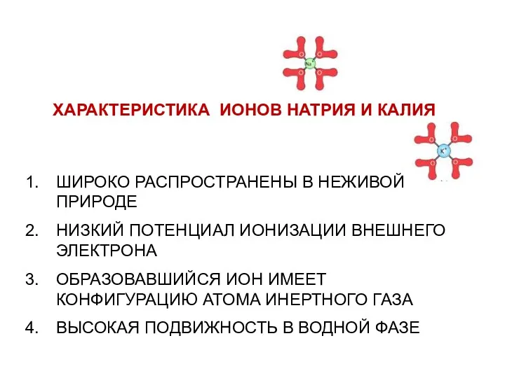 ХАРАКТЕРИСТИКА ИОНОВ НАТРИЯ И КАЛИЯ ШИРОКО РАСПРОСТРАНЕНЫ В НЕЖИВОЙ ПРИРОДЕ НИЗКИЙ ПОТЕНЦИАЛ ИОНИЗАЦИИ