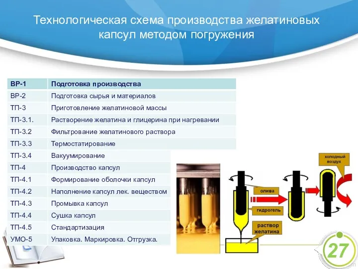 Технологическая схема производства желатиновых капсул методом погружения 27