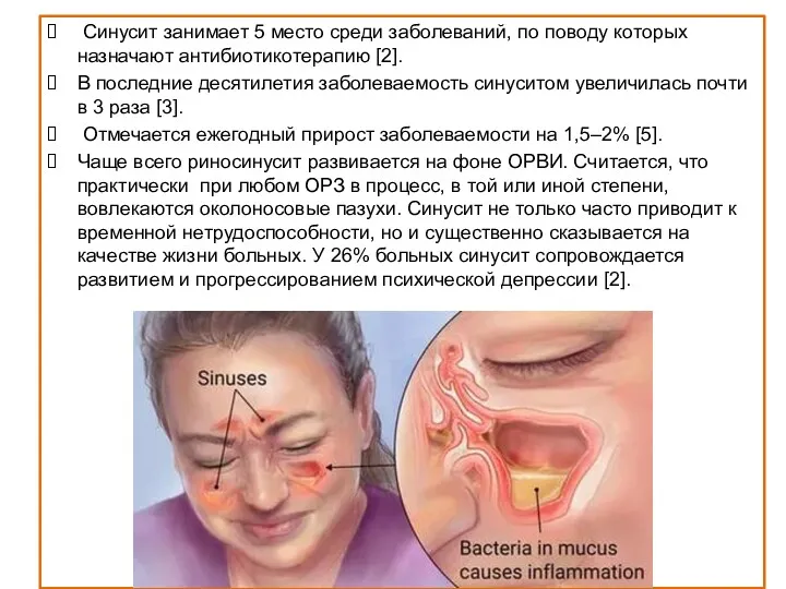 Синусит занимает 5 место среди заболеваний, по поводу которых назначают