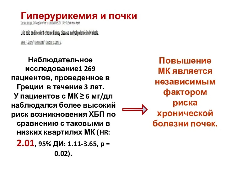 Гиперурикемия и почки Повышение МК является независимым фактором риска хронической