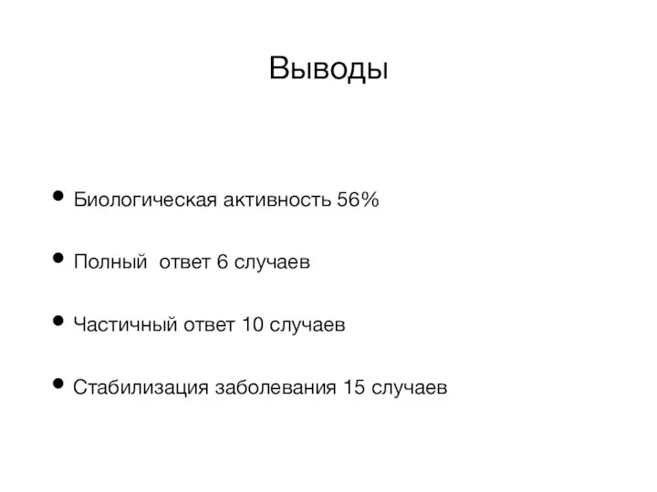 Выводы Биологическая активность 56% Полный ответ 6 случаев Частичный ответ 10 случаев Стабилизация заболевания 15 случаев