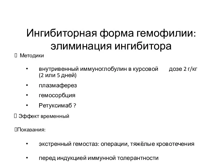 Ингибиторная форма гемофилии: элиминация ингибитора Методики внутривенный иммуноглобулин в курсовой