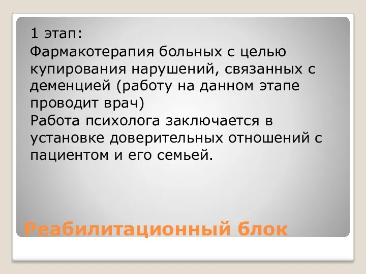 Реабилитационный блок 1 этап: Фармакотерапия больных с целью купирования нарушений,