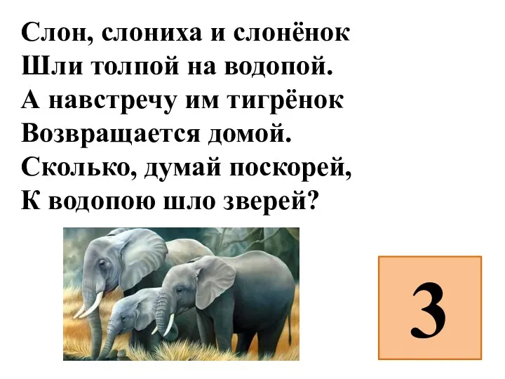 Слон, слониха и слонёнок Шли толпой на водопой. А навстречу