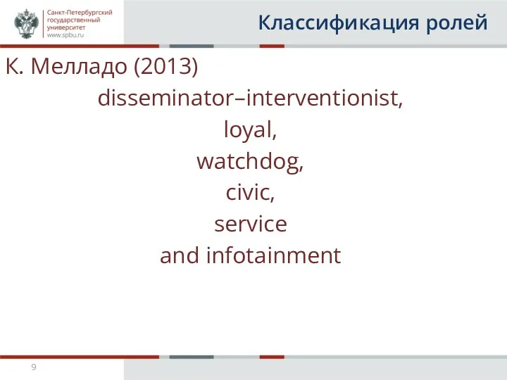 Классификация ролей К. Мелладо (2013) disseminator–interventionist, loyal, watchdog, civic, service and infotainment