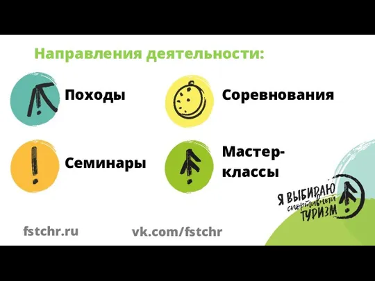 Соревнования Мастер-классы Направления деятельности: fstchr.ru vk.com/fstchr Походы Семинары