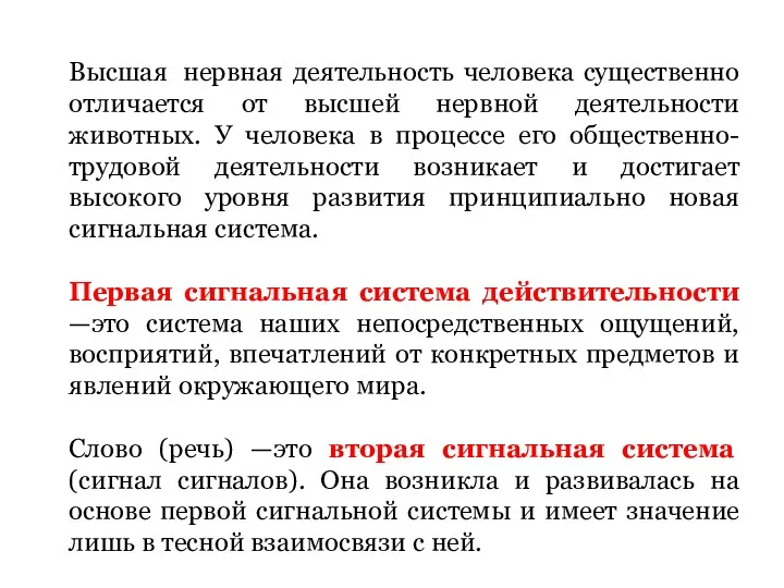 Высшая нервная деятельность человека существенно отличается от высшей нервной деятельности